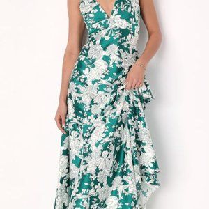 Style Soiree Emerald Floral Print Satin Sleeveless Maxi Dress